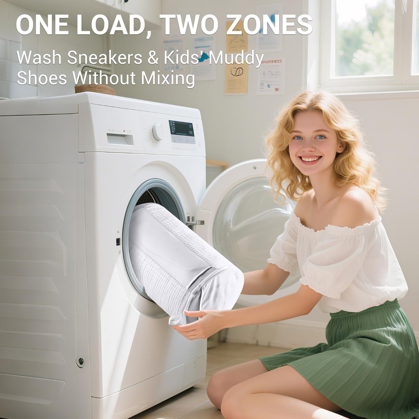 Teletrogy Large Shoe Bag for Washing Machine, Two-Zone Design, 2 Mesh Pockets, One-Step Wash for Complete Cleaning, Durable Invisible Zipper Sneaker Laundry Bag Home Dorm Essentials 9.45" x 13.8"