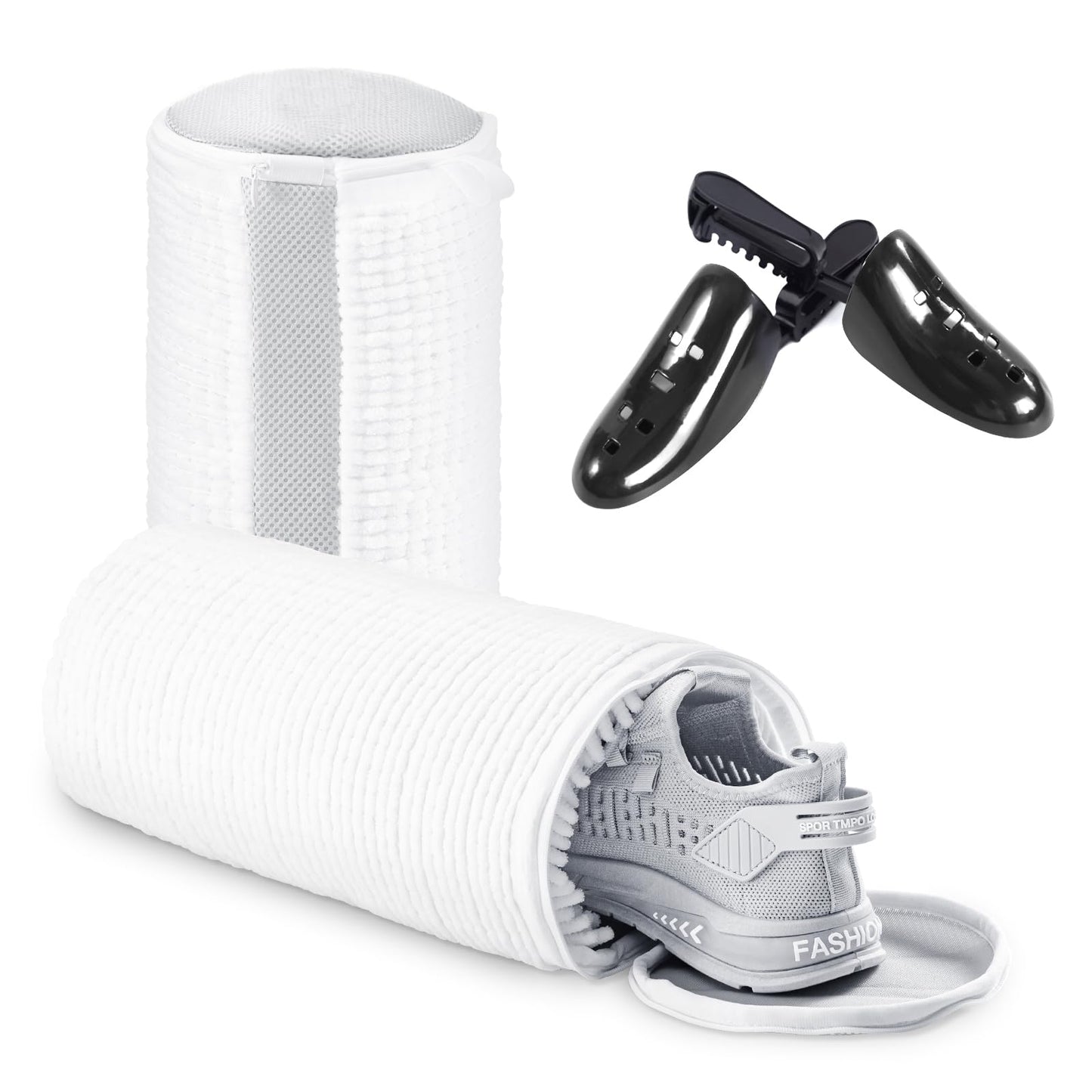 Teletrogy Shoe Washing Bag for Washing Machine, Fluffy Fibers Keep 360° Wrap-around Cleaning, Adjustable Shoe Trees, Durable Hidden Zipper Reusable Laundry Bag for Sneaker Gym Shoes White