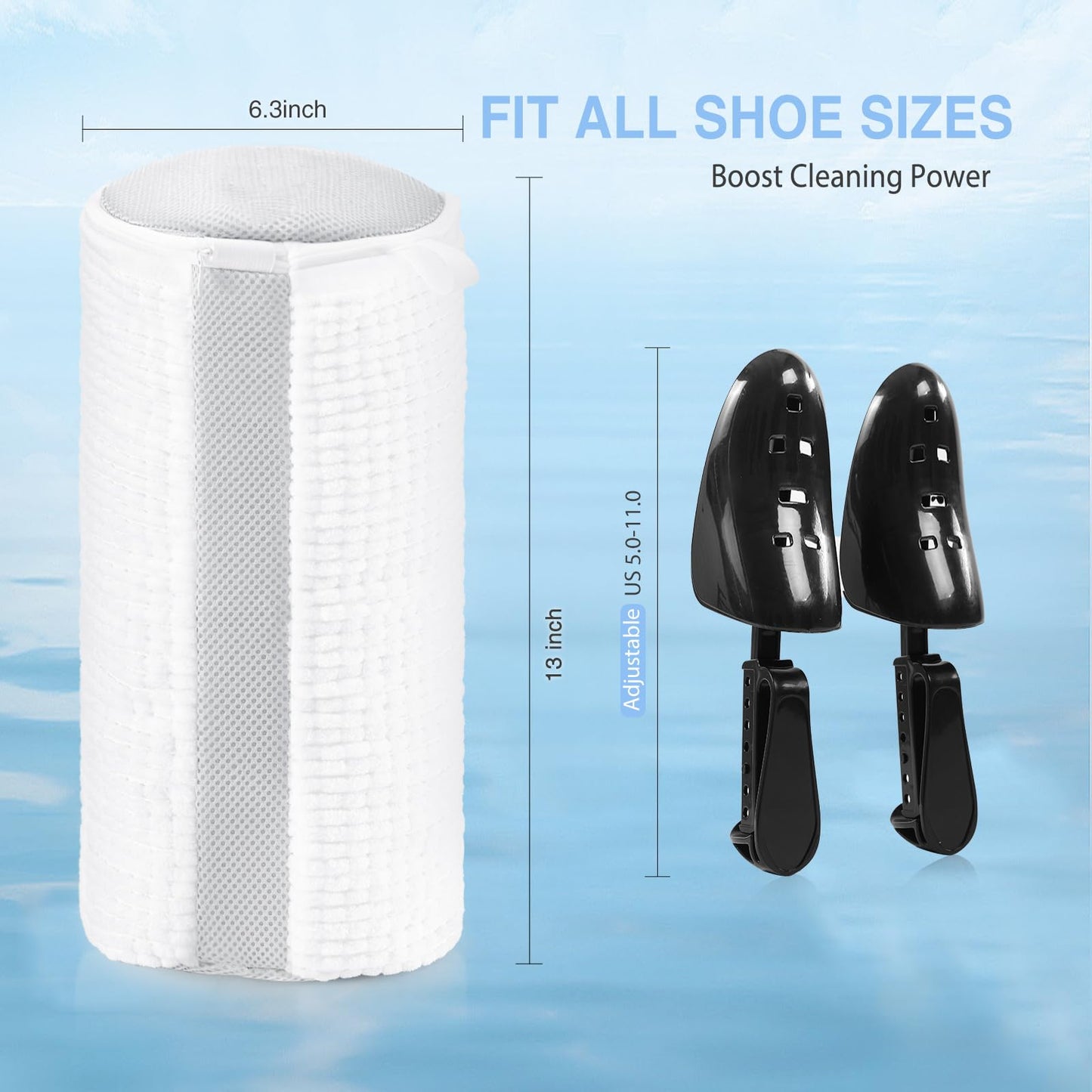 Teletrogy Shoe Washing Bag for Washing Machine, Fluffy Fibers Keep 360° Wrap-around Cleaning, Adjustable Shoe Trees, Durable Hidden Zipper Reusable Laundry Bag for Sneaker Gym Shoes White