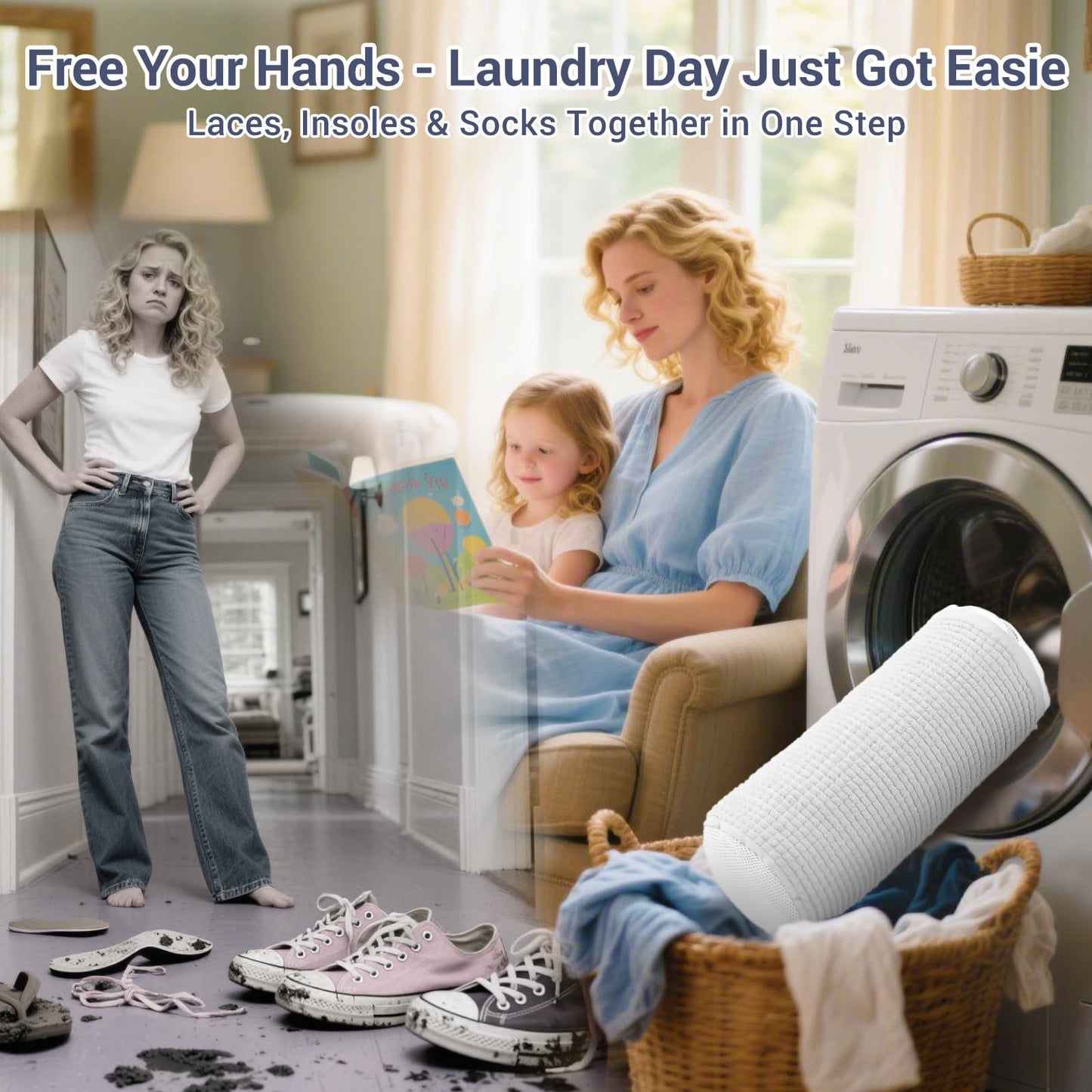 Teletrogy Shoe Washing Machine Bag with 2 Pockets - Wash Laces, Insoles & Socks All-in-One Shoe Laundry Bag for Washer & Dryer, Reusable Sneaker Cleaner Bag for Home Dorm Travel (2Pcs White)